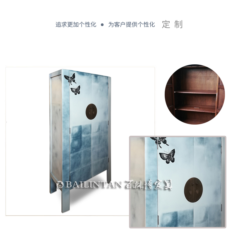  百林檀白色做旧手工彩绘衣柜储物装饰柜子设计师定制整装家具榫卯 
